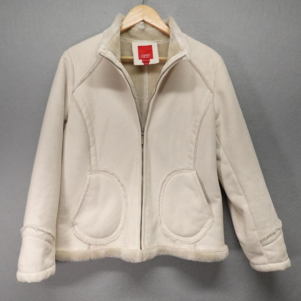 Esprit Jacket Womens Large Off White Faux Suede Shearling Lined Zip Pockets